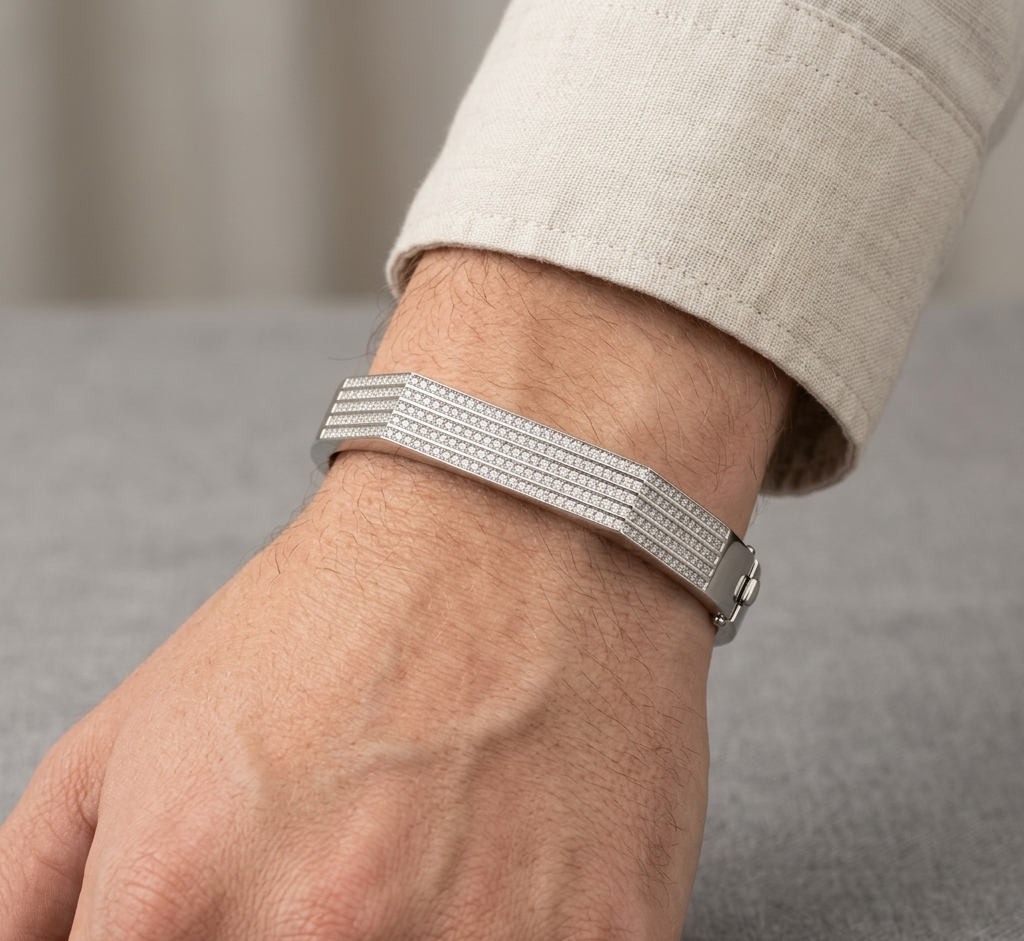 Silver Multi-Line Zircon Men’s Bracelet