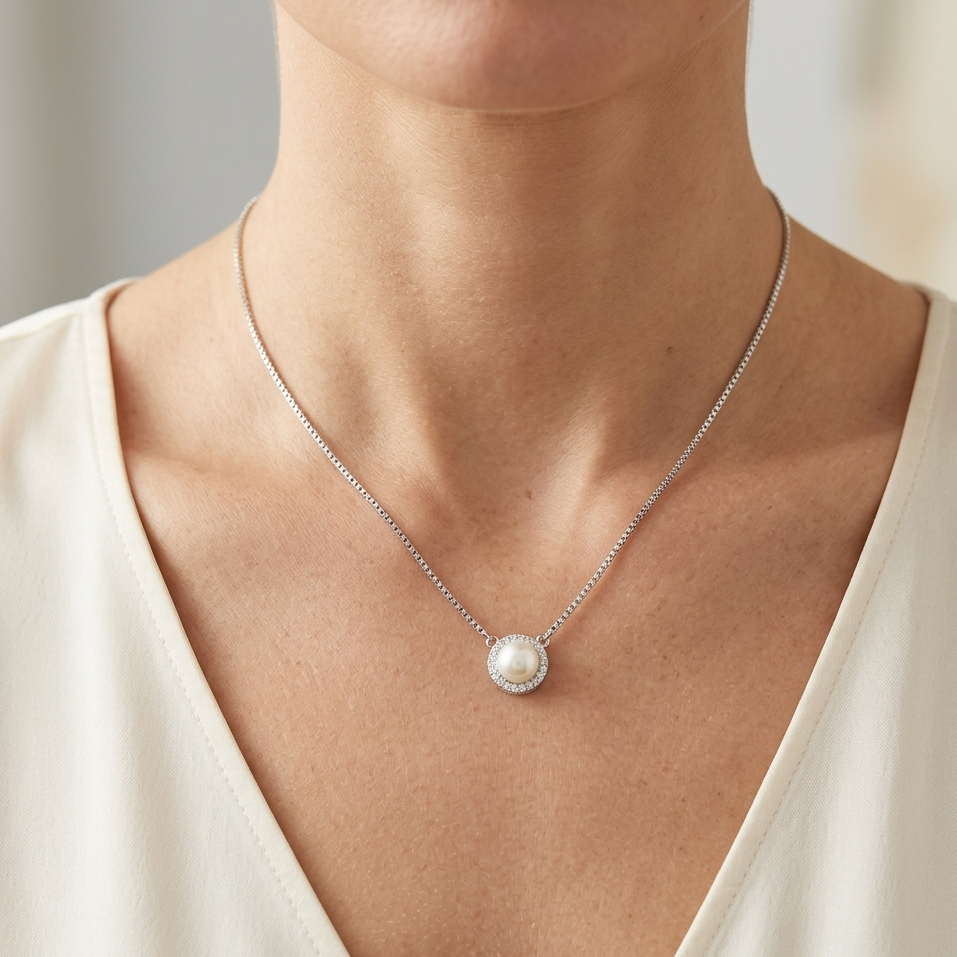 Silver Pearl Halo Necklace